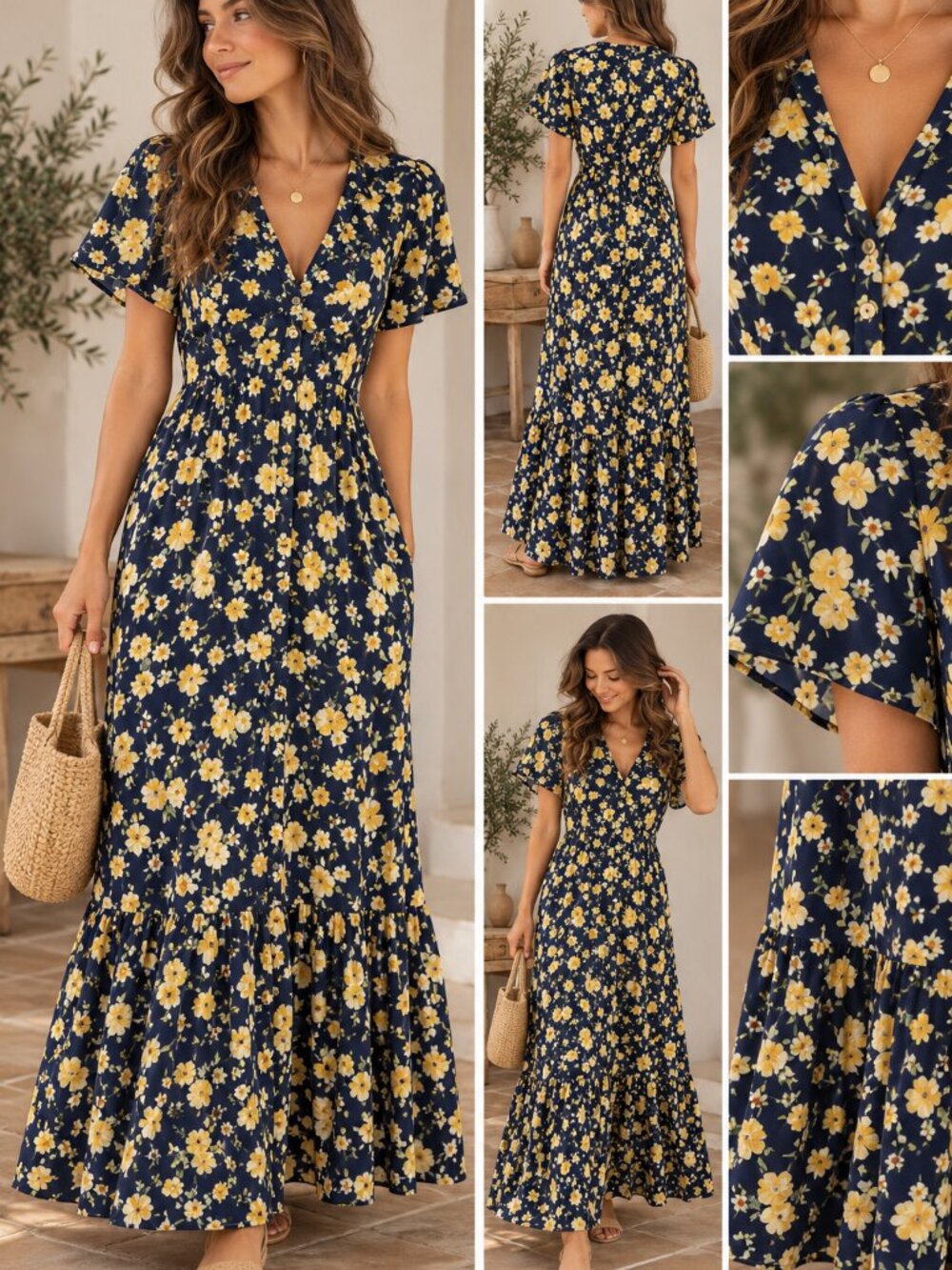 Fashion Bug Navy Maxi Dress with Yellow Floral Print Sz 6